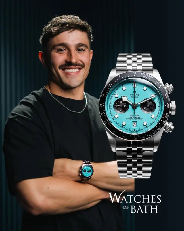The perfect poolside ⌚️? The Tudor Black Bay Chrono 'Flamingo Blue' worn by @cadanmurley_